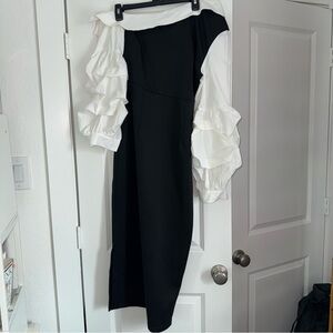 Elegant Black and White Ruffle Sleeve Dress